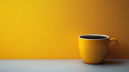 Obraz premium Yellow mug filled with dark liquid sits on a light surface against yellow background.