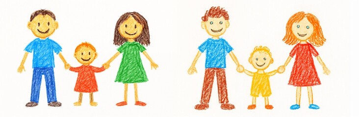 Children's drawing of two families holding hands with colorful crayons  