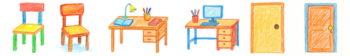 Set of illustrations created by a child using colored pencils  