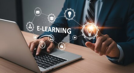 Fototapeta premium Man using laptop for e learning with light bulb icon and connected network symbols overlaying the screen