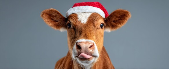 The cow wearing a santa hat sticks out its tongue like a cheeky holiday sprite.