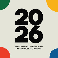 Bold 2026 numbers with colorful circles and New Year message happy new year celebration