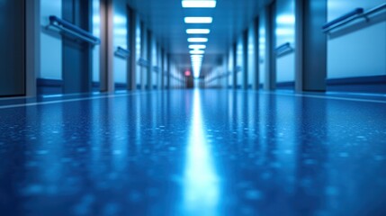 Shiny blue floor in a long corridor with metal pillars and ceiling lights.