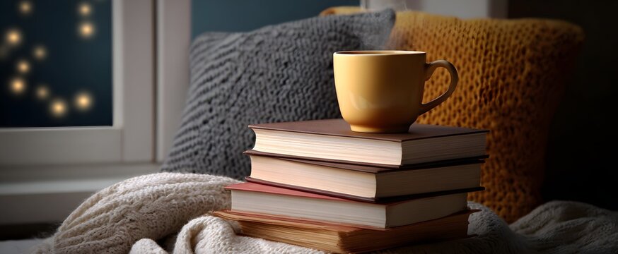 The cozy reading nook features a plush blanket warm tea and a tall stack of books