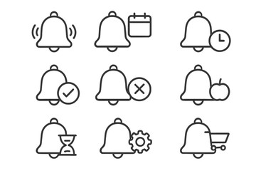 Notification bell thin line icon set. Alert, reminder, and message symbols. Editable stroke vector icons for web, ui, app. Includes calendar, clock, settings, and shopping cart.