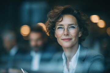 Obraz premium A businesswoman with curly hair and glasses sits at a table in a well-lit office.