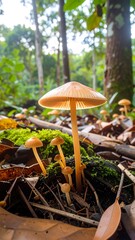 Close-up of small mushrooms in a forest