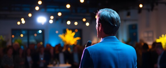 The host greets guests warmly in a contemporary event venue setting.