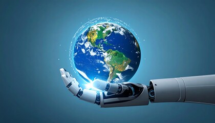 Futuristic robot hand interacting with 3D holographic earth icon