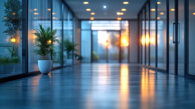 Modern office interior with glass walls plants and polished floor reflecting light.