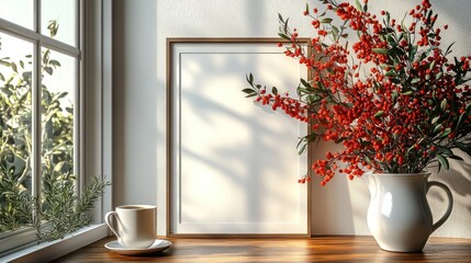 A blank picture frame stands on a table near a window with flowers.