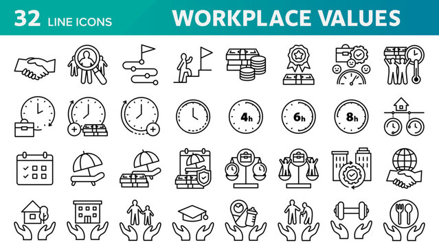 A collection of 32 icons related to workplace values.
