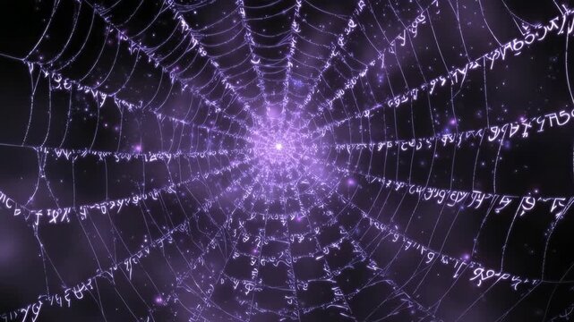 Glowing spider web with mystical runes, ethereal style, on a dark enchanted background, concept of magic, mystery, and arcane energy