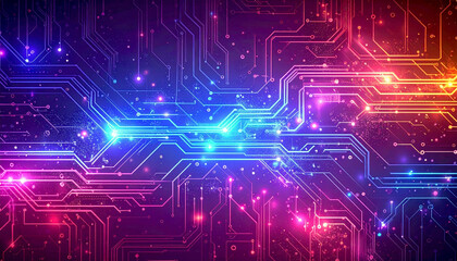 Obraz premium Neon jagged blue and pink digital circuit board glowing futuristic innovation background 