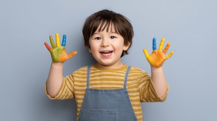 Happy child showing colorful painted hands with joy, engaging in artistic activities, creative expression and childhood playfulness at home or school setting