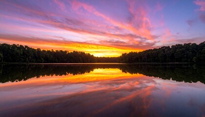 Obraz premium A breathtaking sunset with vibrant orange and purple clouds reflecting perfectly on a calm, mirror-like lake surrounded by a forest silhouette.