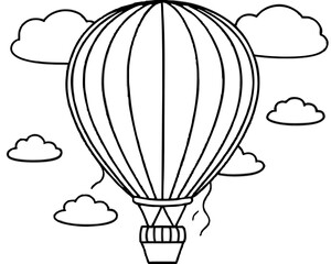 Hot Air Balloon Coloring Page with Clouds in a Simple Black Outline