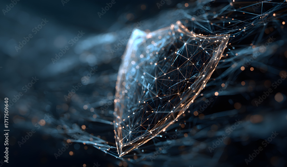Poster abstract digital shield protection concept cybersecurity and data security low polygonal graphic des