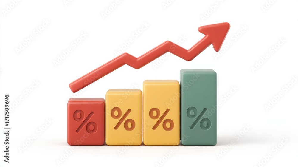 Poster colorful bar graph with percentage symbols and upward arrow representing growth and success in busin