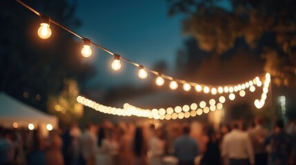 Fototapeta premium Enchanting outdoor evening event with glowing fairy lights illuminating a festive gathering of joyful people enjoying music and companionship under a night sky