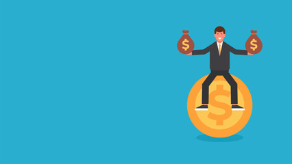 Flat Illustration Design of a Businessman Sitting on a Large Gold Coin Holding Two Bags of Money. Perfect for Business, Finance, Investment, and Financial Success Themes.