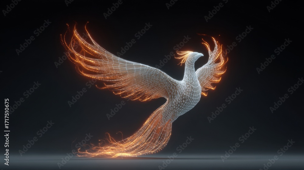 Poster abstract digital phoenix created with glowing lines and particles representing rebirth, transformati