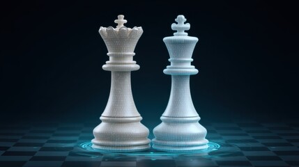 Close-up of two elegant chess pieces with a modern design on a stylish chessboard illuminated by a futuristic blue light atmosphere