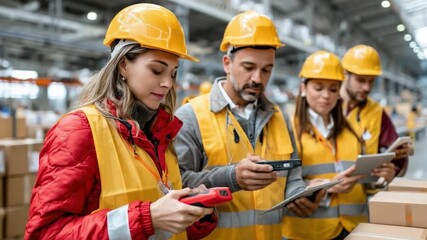 Warehouse Team at Work: A diligent team of warehouse workers meticulously examine logistics, their faces illuminated by the industrial glow of their surroundings - Powered by Adobe