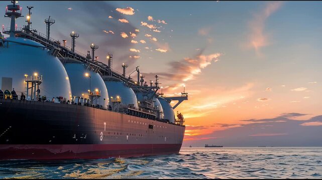 Detailed nautical profile: a side-on view of an LNG tanker&rsquo;s deck piping and spherical tanks illuminated by soft sunset glow over calm waters