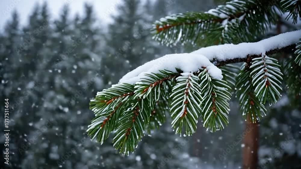 Poster a close-up view of a pine tree branch covered in snow, ideal for winter-themed projects and designs