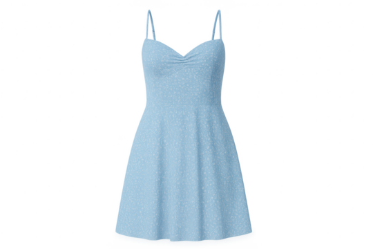Chic light blue floral sundress, ruched bust, spaghetti straps, summer style.