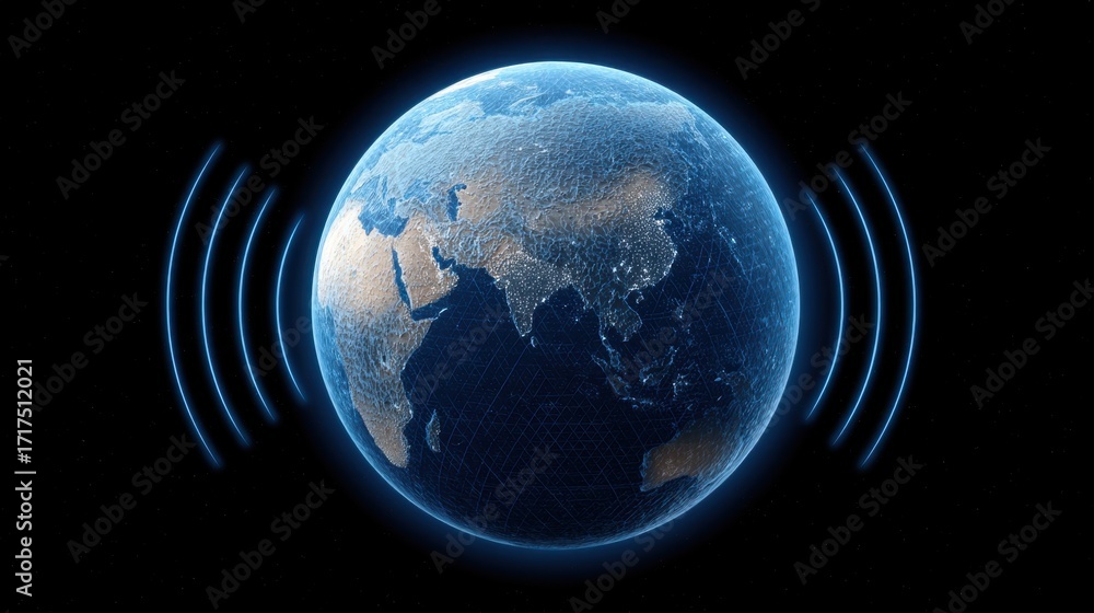Poster detailed 3d view of earth surrounded by waves symbolizing communication and connectivity in a dark b
