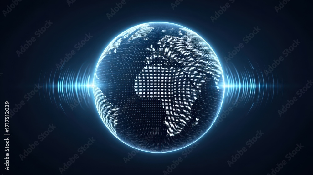 Poster 3d rendered global earth design with sound waves, digital network and geometric patterns, blending t