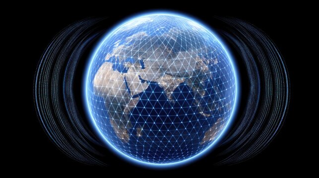 Stunning Digital Representation of Earth Surrounded by Network Connections and Geometric Patterns Highlighting Global Connectivity and Technology