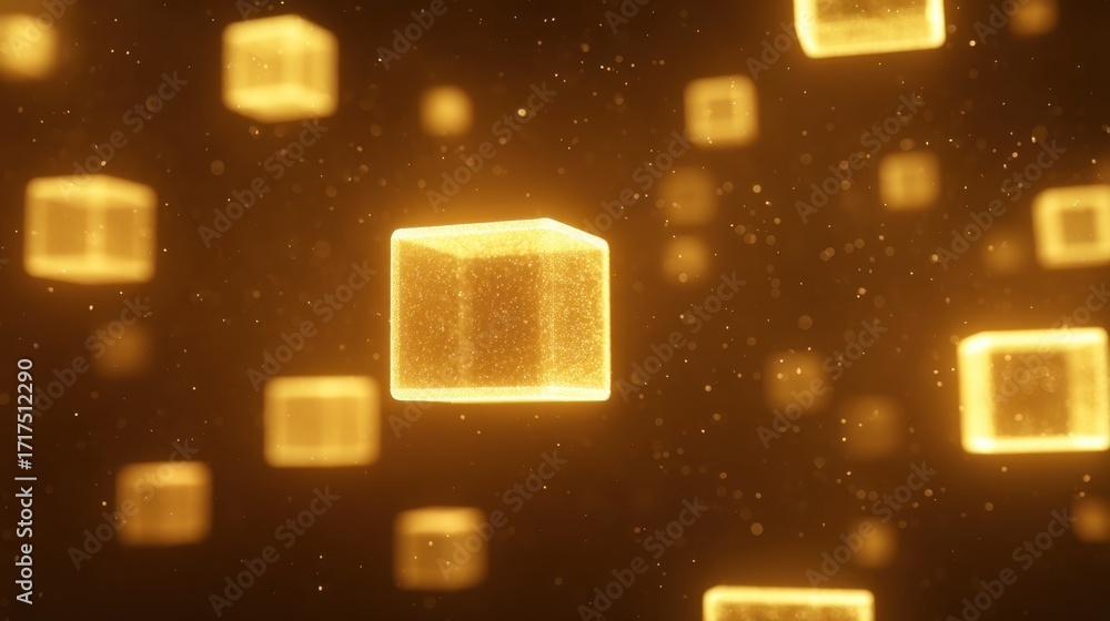 Poster glowing golden cubes floating in dark space with particle effects creating a mystical and dreamlike 