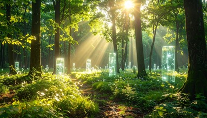 Sunbeams illuminate a magical forest with mysterious glowing glass monoliths scattered among the trees.