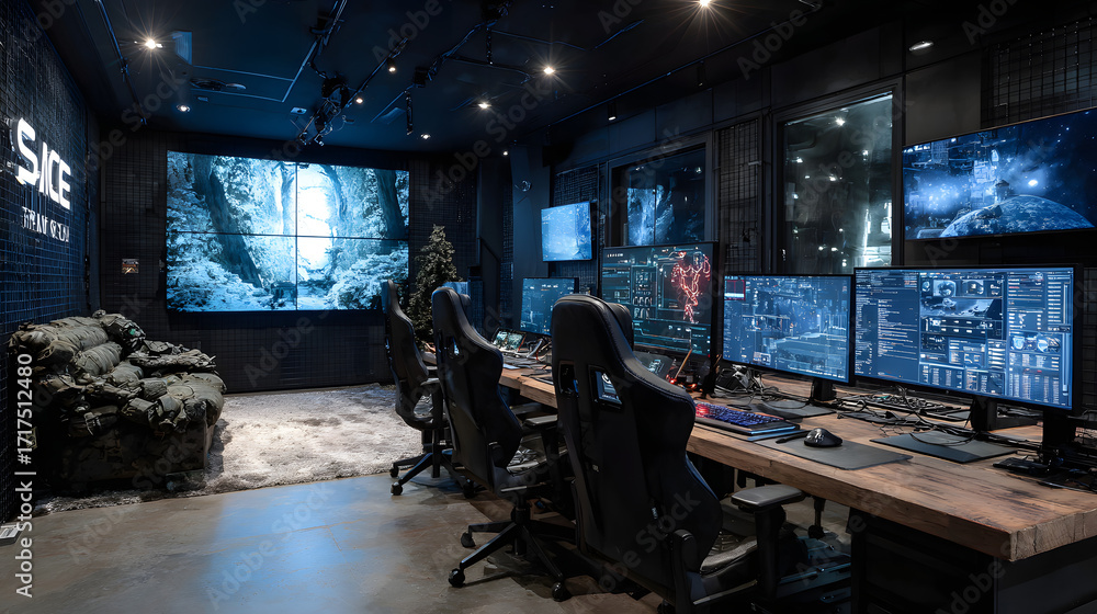 Aufkleber a dark room with a row of monitors and a large screen with the words space station on it. ai
