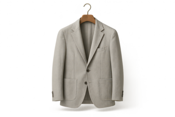 Elegant light beige men's sport coat hanging on a classic wooden hanger, isolated.