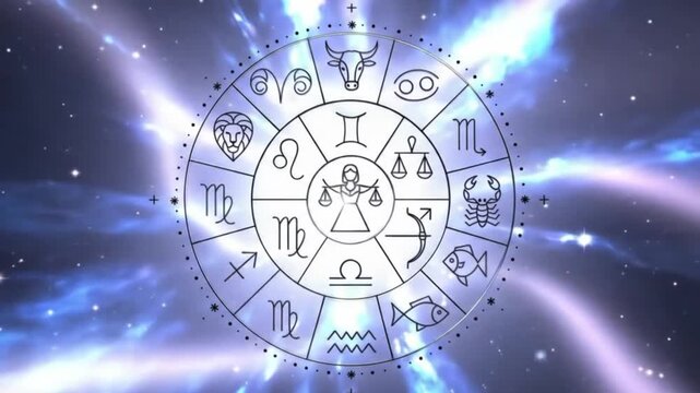 Zodiac Wheel on Cosmic Background: Astrology, Horoscope, Prediction