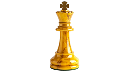 Elegant yellow marble chess queen with polished gold elements, representing strategy, power, and victory in a classic board game isolated on solid white background in Png