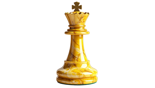 Elegant yellow marble chess queen with polished gold elements, representing strategy, power, and victory in a classic board game isolated on solid white background - Powered by Adobe