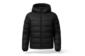 A stylish black puffer jacket with a hood, perfect for cold winter weather.