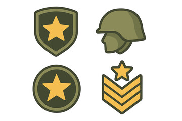 Obraz premium Military army icon set. Soldier helmet, rank insignia, star shield and badge. Vector graphic illustration in flat cartoon style. Symbol of patriotism, honor and defense force.
