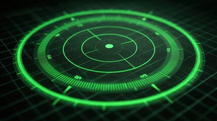 Green Digital Radar Screen on Dark Background with Circular Graphic Display and Numeric Indicators for Tracking and Monitoring Applications
