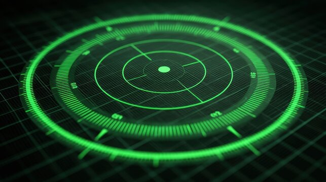 Green Digital Radar Screen on Dark Background with Circular Graphic Display and Numeric Indicators for Tracking and Monitoring Applications - Powered by Adobe