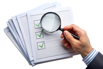 Hand Holding Magnifying Glass Over Checked List Papers checklist document isolated on a transparent background