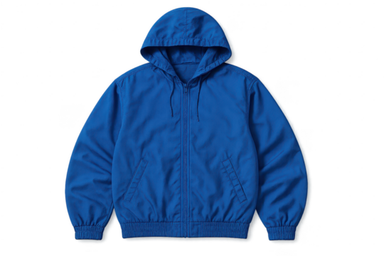 Stylish royal blue hooded jacket with a full zipper and practical pockets.