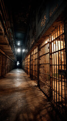 Old prison cell block with empty cells, peeling paint, harsh lighting, and dramatic shadows