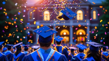Graduates in Caps and Gowns Celebrate with Confetti Toss at University Commencement Ceremony.