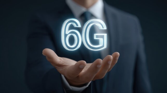 Businessman Holding 6G Concept in Hand with Blue Glow Effect for Future Technology and Innovation in Telecommunications and Connectivity Solutions